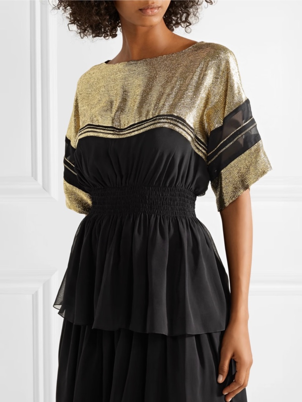 Chloé Metallic Gold Silk Peplum Blouse Black Boho Chic Runway Top Size 34
